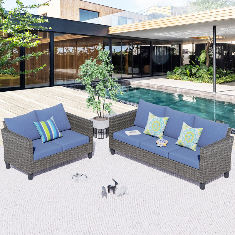 Premium All-Weather Wicker 5 - Person Patio Conversation Set with Cushions, Denim Blue