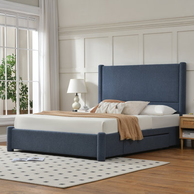 Lit plateforme rembourré Coletti avec tête de lit de 131,6 cm (51,8 po) de hauteur et 2 grands tiroirs de rangement en bois, bleu, format King