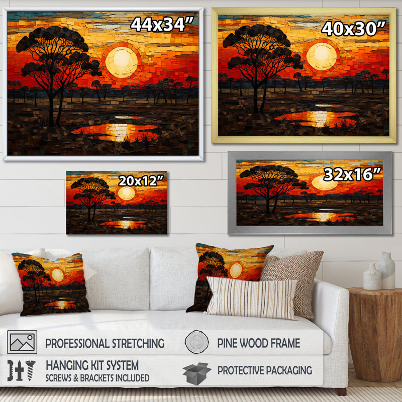 Savannah, coucher de soleil en safari africain dans les teintes 3 - Boho mosaïque, art mural, Cadre d'angle fermé noir