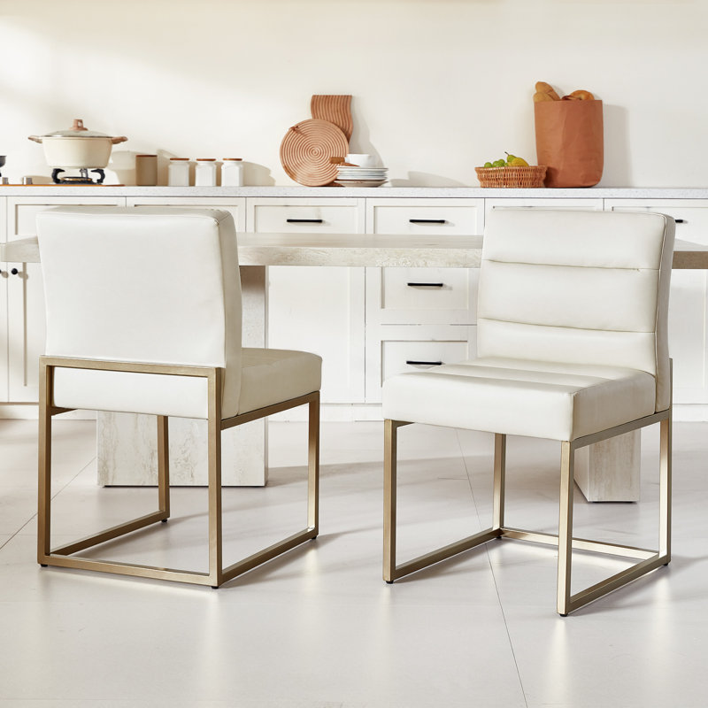 GrandNoor Modern Beige Faux Leather Dining Chairs Set of 2, Soft Thick Upholstered Kitchen Chairs with Gold Sturdy Metal Legs,Adjustable Foot Pads Dining Room Chairs