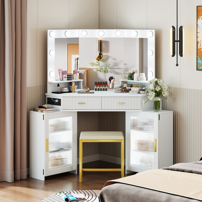 Ensemble de coiffeuse de maquillage moderne avec miroir et armoires Modern Corner, Blanc