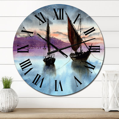 Sailing Boats in The Sea in Evening with City - Nautical & Coastal Wall Clock