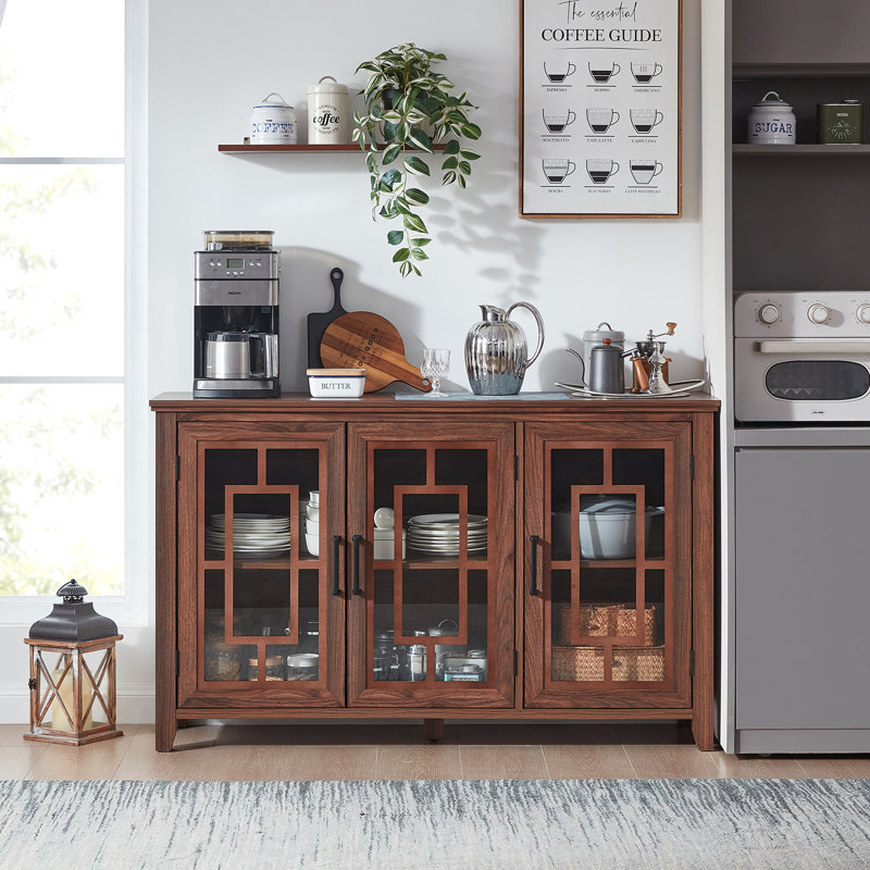 Large Sideboard Buffet Cabinet With Storage, 55" Farmhouse Kitchen Coffee Wine Bar Cabinet With 3 Glass Doors, Wood Mid Century Modern Side Board Table For Dining Room, Living Room