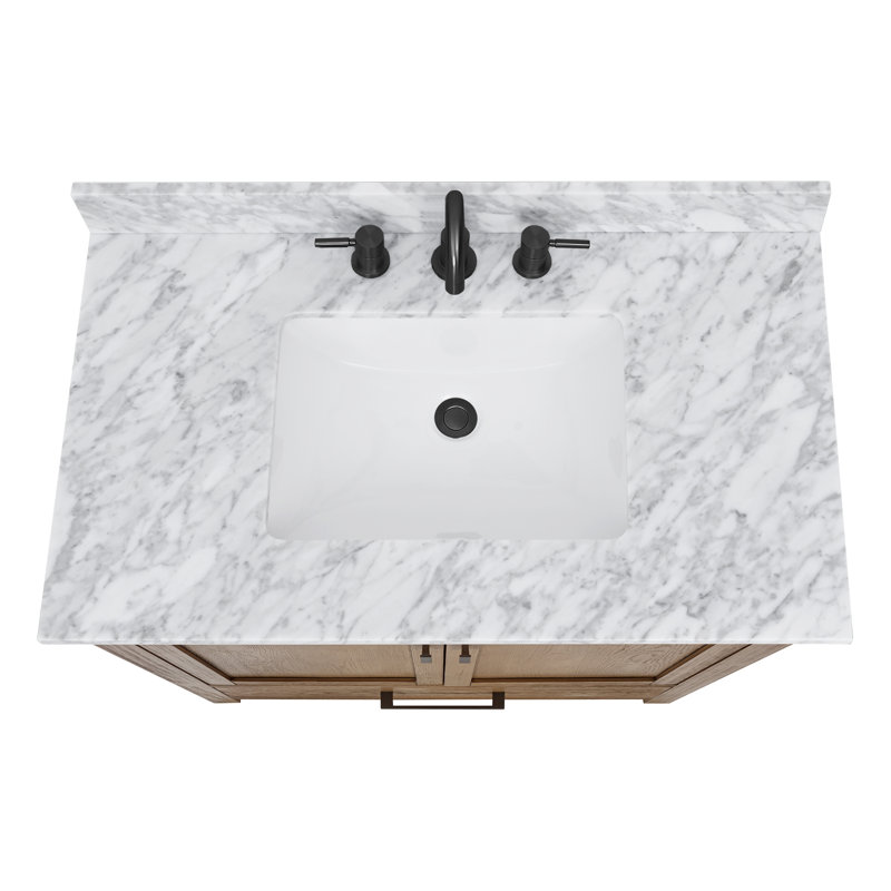 Modero 36" Single Bathroom Vanity with Top, Carrera White Marble, Brushed Oak, Black