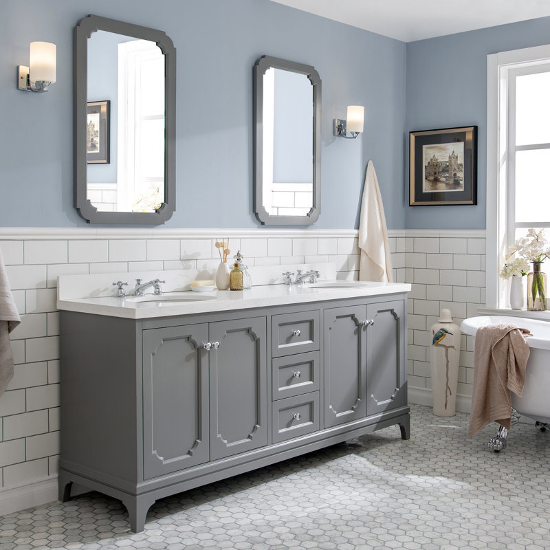 Bernardo Queen 72" Sink Carrara Engineered Marble Countertop Bath Vanity with Mirror, Cashmere Gray