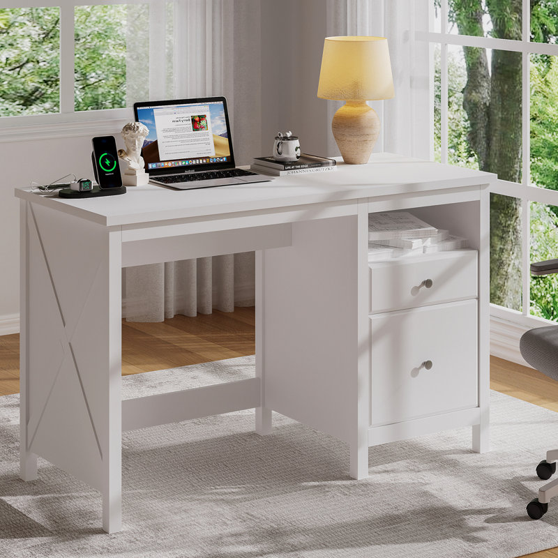 Gracie Oaks 47"Wood Writing Desk With Drawers, White