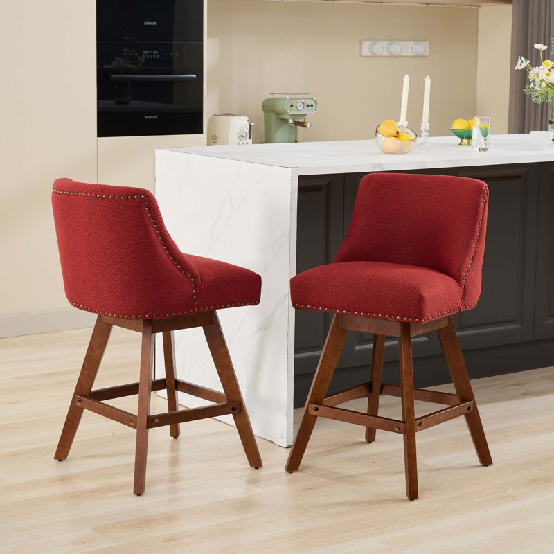 Rolland Counter Height Swivel Barstools, 26'' H Seat Height Upholstered Bar Stools Set of 2, Wine Red