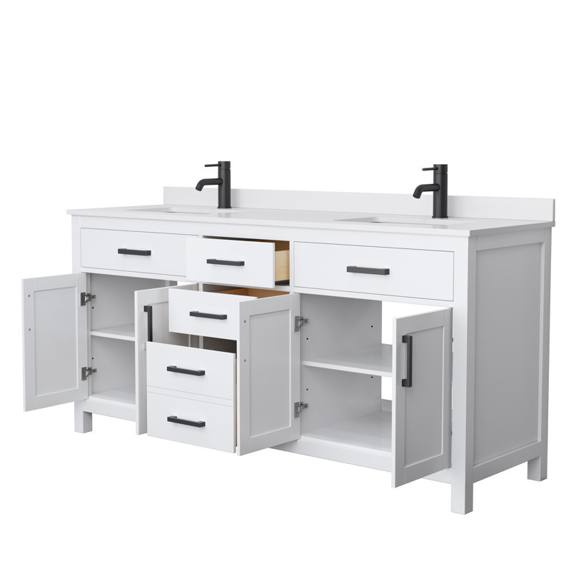 Beckett 72" Freestanding Double Bathroom Vanity with Cultured Marble Top, Matte Black, White, White Cultured Marble