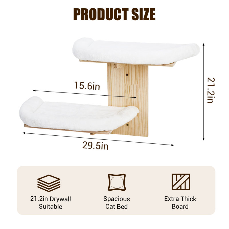 Lit mural double pour chat, tablette flottante en bois naturel avec 2 coussins blancs moelleux, plateforme de couchage murale surélevée pour chatons et chats adultes