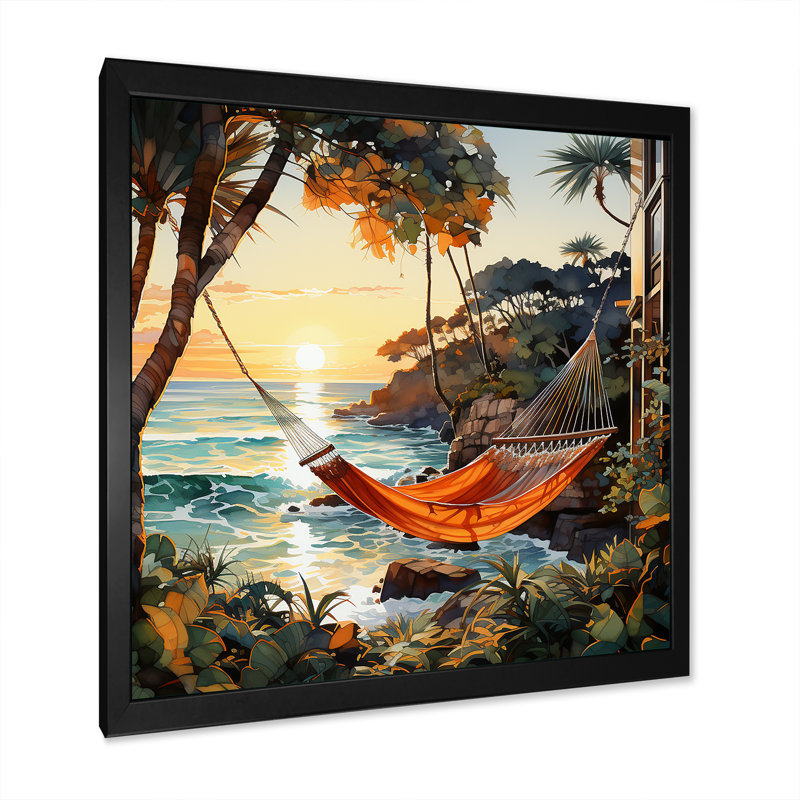 Coucher de soleil hamac près de la plage II - art mural côtier tropical, Cadre simple noir, H 30 po x l 30 po x P 1,5 po