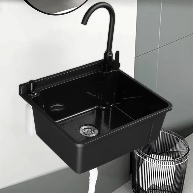 Plastic Wall-Mounted Utility Sink With Wall Bracket, Black