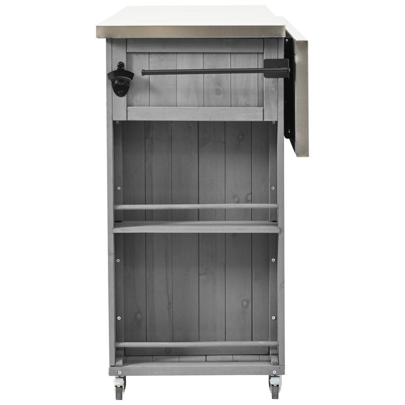 Îlot de cuisine extérieur gris - Bois de sapin massif et acier inoxydable, plateau de table pliable, solutions de rangement, porte-serviettes, ouvre-bouteille encastré Spice, roues verrouillables pour plus de fonctionnalité et de mobilité