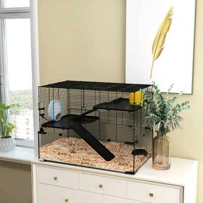 Cage à hamster 31 po par, noir avec design intérieur polyvalent, cuve en verre, rampes, plateformes, cabane, roue d'exercice pour cage de petits hamsters, Easy &