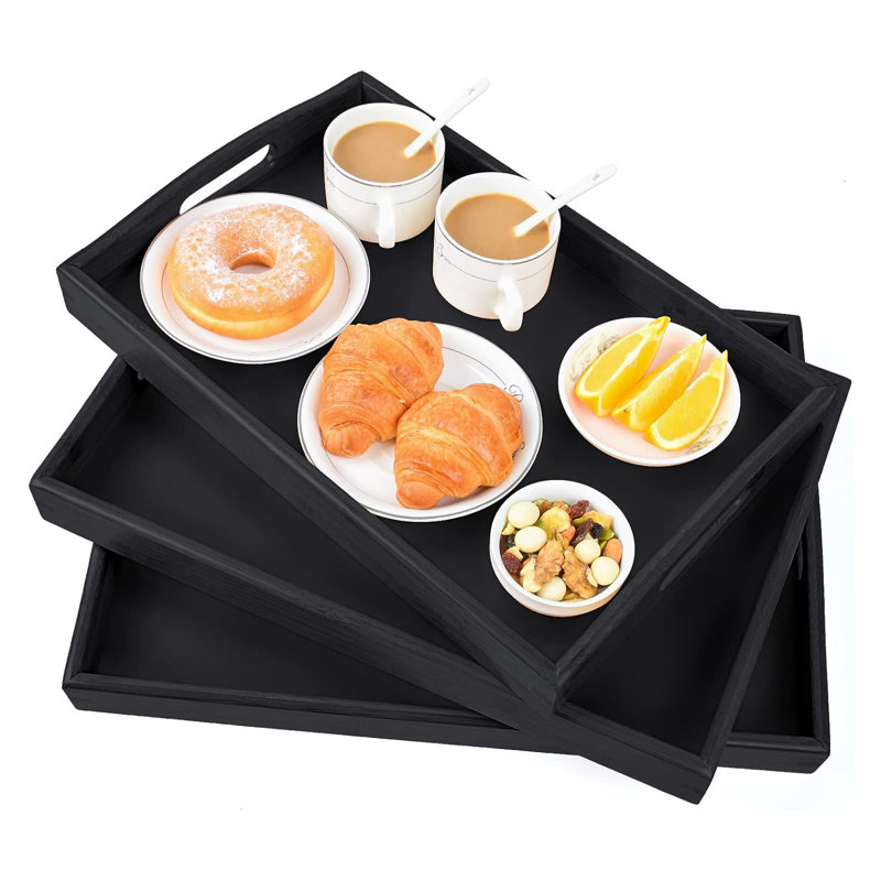 Ensemble de 3 plateaux de service en bambou noir avec poignées, plateau en bois pour déjeuner au lit, canapé et table basse