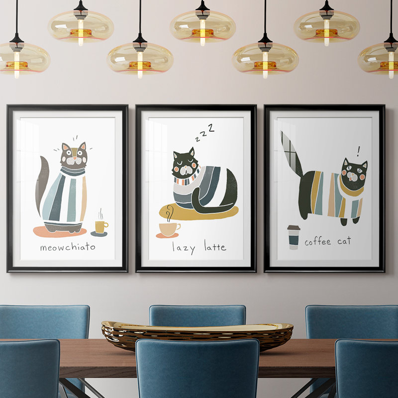 Coffee Cats I - Impression personnalisée de qualité supérieure avec passe-partout - 3 pièces, H 15 po x l 19 po, Noir