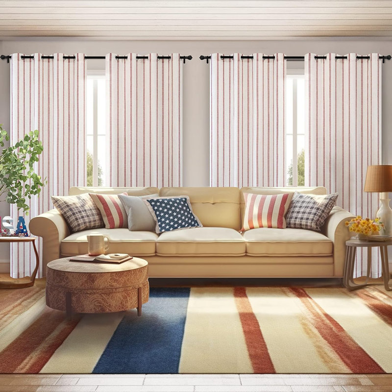 Blackout Curtain Pair, Red Stripe/Light Linen, 52" W x 96" L