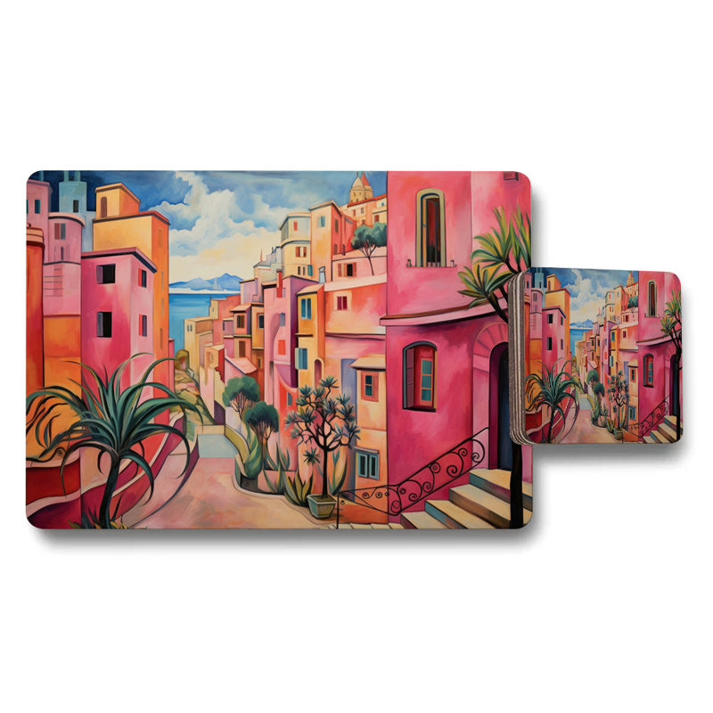 Colorful Mediterranean Village Placemat and Coaster Set