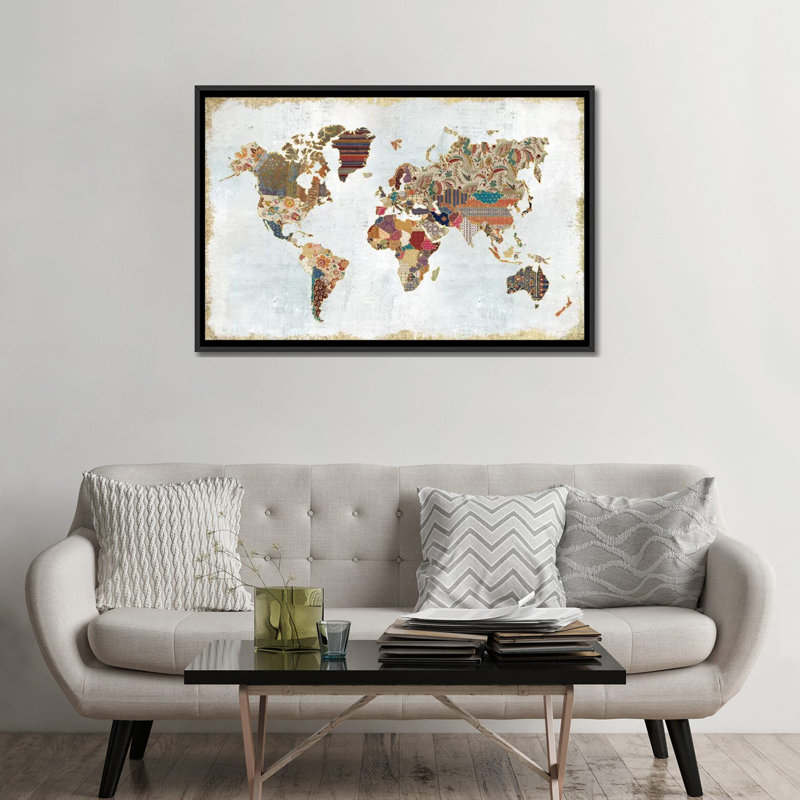 Mappemonde à motifs, impression sur toile tendue, H 32 po x l 48 po x P 1,5 po, Toile avec cadre noir, Pas de tapis