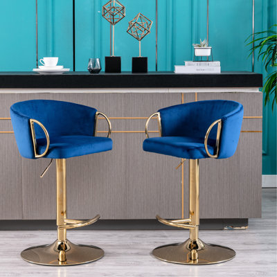 De 2 tabourets de bar pivotants, réglables en hauteur, siège en velours bleu marine, base et repose-pieds, pieds dorés, rembourrage en mousse, rembourrage en mousse