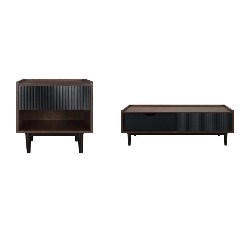 Duane Mid-Century Modern Coffee and End Table Set in Dark Brown and Black, Dark Brown/Black