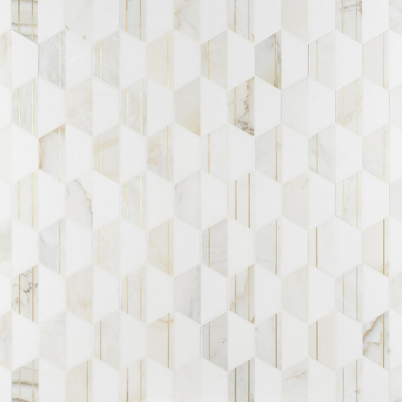 Carrelage mosaïque hexagonal en marbre et laiton 10,43 po x 12,04 po Meld (0,87 pi. Ca. / feuille), Bianco