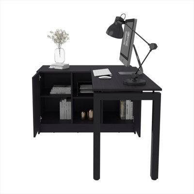 Bureau d'ordinateur spacieux de 72 pouces avec conception rotative réglable et rangement intégré, fini en panneau de particules noir élégant
