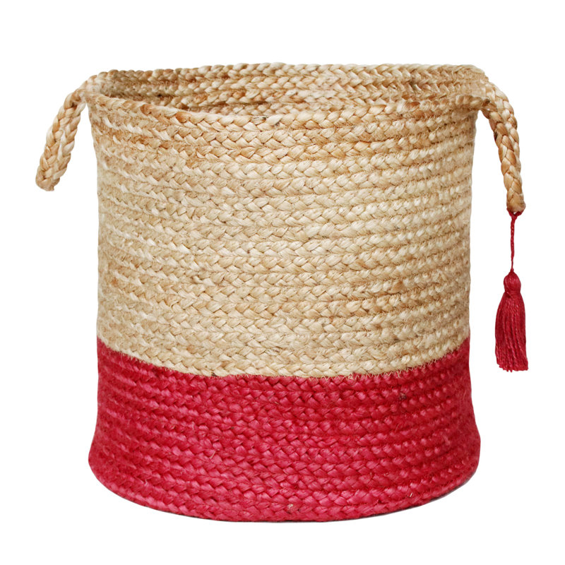 Handwoven Round Tan and Red Jute Storage Basket with Handles