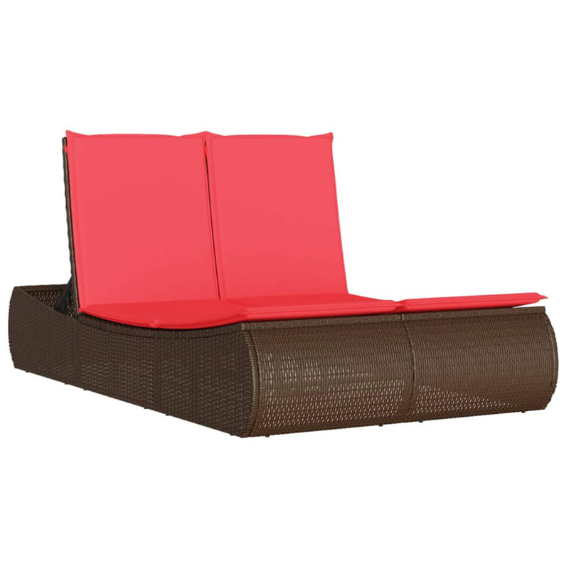  Double Sun Lounger With Cushions Brown Poly Rattan, Red Cushion/Brown Frame