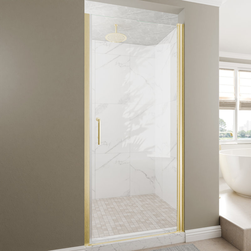 Porte de douche en verre pivotante sans cadre de 34 à 36 po x H 72 po avec verre certifié SGCC, Or brossé, 34"W x 72"H