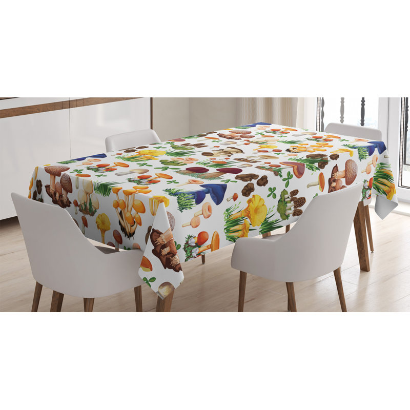 Mushroom Tablecloth, Pattern With Types Of Mushrooms Wild Species Organic Natural Food Garden Theme, Rectangular Table Cover For Dining Room Kitchen Decor, 52" X 70", Multicolor