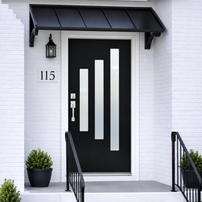 Porte d'entrée moderne en fibre de verre 36 po x 80 po avec verre givré 4-Lite et moulure de brique blanche