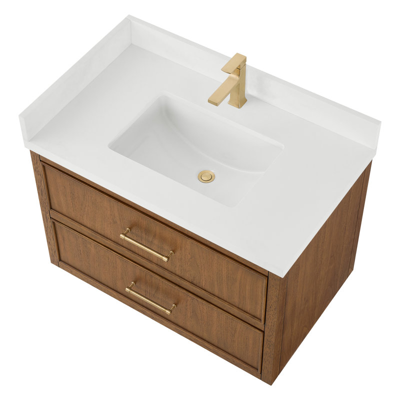 Meuble-lavabo mural simple Isola WM de 91 cm (36 po) en noyer grillé, comptoir en quartz blanc, lavabo carré encastré (1 trou), garniture en bronze satiné