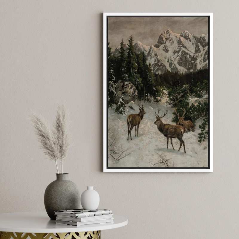 Faune sauvage dans les montagnes enneigées, majestueux cerfs, paysage, campagne française, H 24 po x l 16 po, Blanc