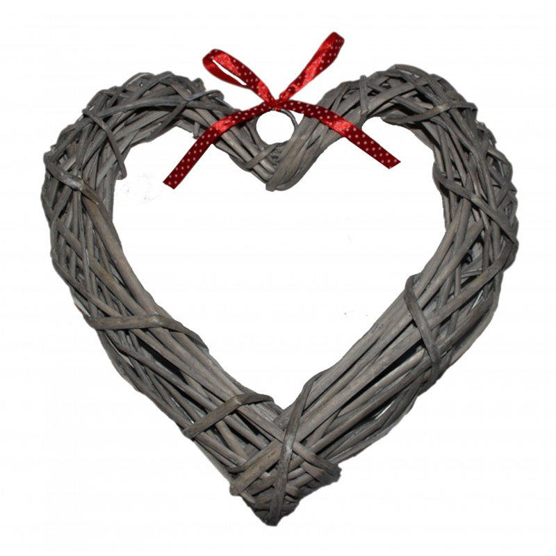 Wicker Heart Shaped Wreath with Spotty Ribbon, 29cm H x 29cm W x 5cm D