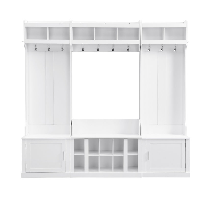 ON-TREND Wide Design Hall Tree With Storage And Bench, 4-IN-1 Multi-Functional Entryway Bench With Coat Rack And Shoe Cubbies, Practical Furniture For Hallway, Black(OLD SKU: SD000025AAB)