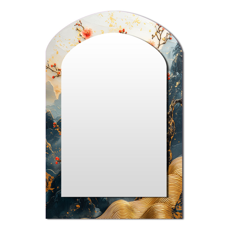 Branches de cerisier en fleurs dorées - Grand miroir mural arqué sur métal, 43 po x 33 po