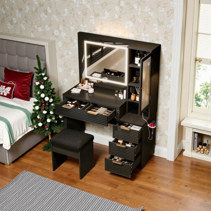 Meuble-lavabo cannelé 43,5 po avec miroir DEL, station de charge, 5 tiroirs et tabouret de rangement