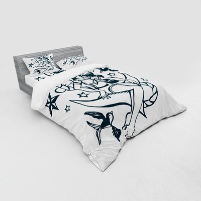 Anchor Pin-Up Girl Nautical Sailor Suit Surrounded By Swallow Birds Stars Hand Drawn Duvet Cover Set -  Ambesonne, bsnev_40470_queen