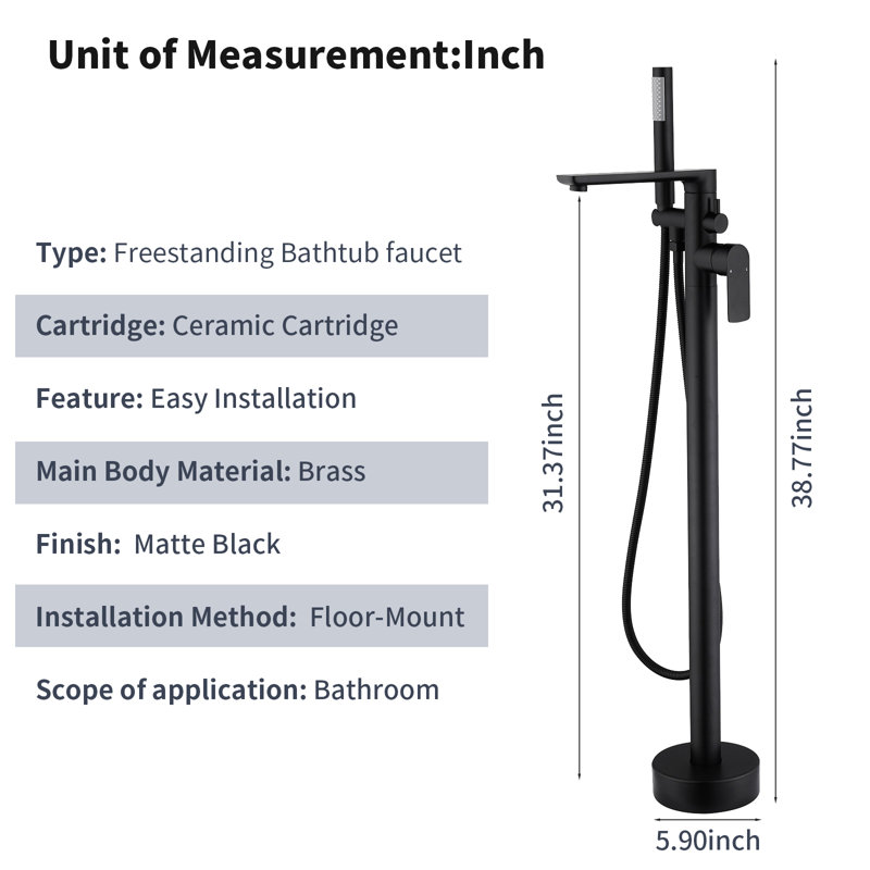 Matte Black Brass Freestanding Bathtub Faucet with Hand Shower