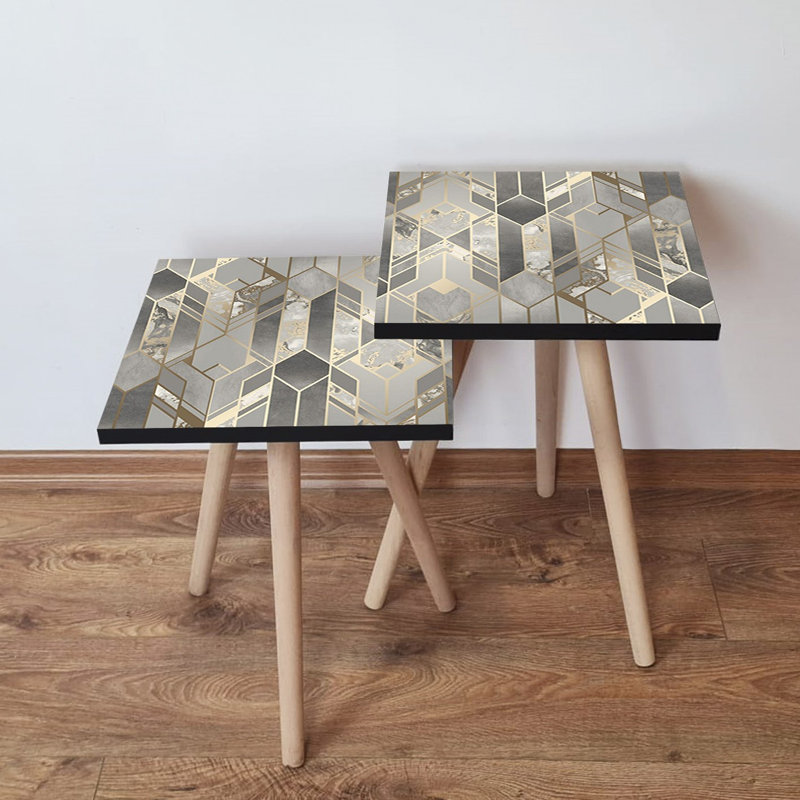 Ensemble de tables gigognes modernes (2 pièces), gris et or, 13,8 x 18,5 x 13,8 pouces et 13,8 x 16,5 x 13,8 pouces | 100% panneau de fibres à densité moyenne avec pieds en bois de hêtre, design géométrique élégant | Parfait pour le salon et la décoration contemporaine