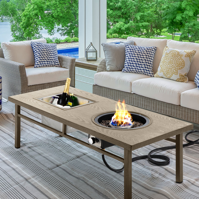 Kirtsey 47" Aluminum Coffee Table with Propane Fire Pit and Ice Bucket, Gray