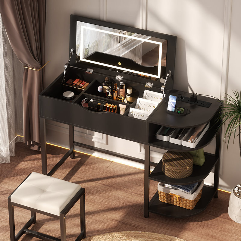 Makeup Vanity Desk with Drawers Vanity, Flip Top Mirror and Lights, Black