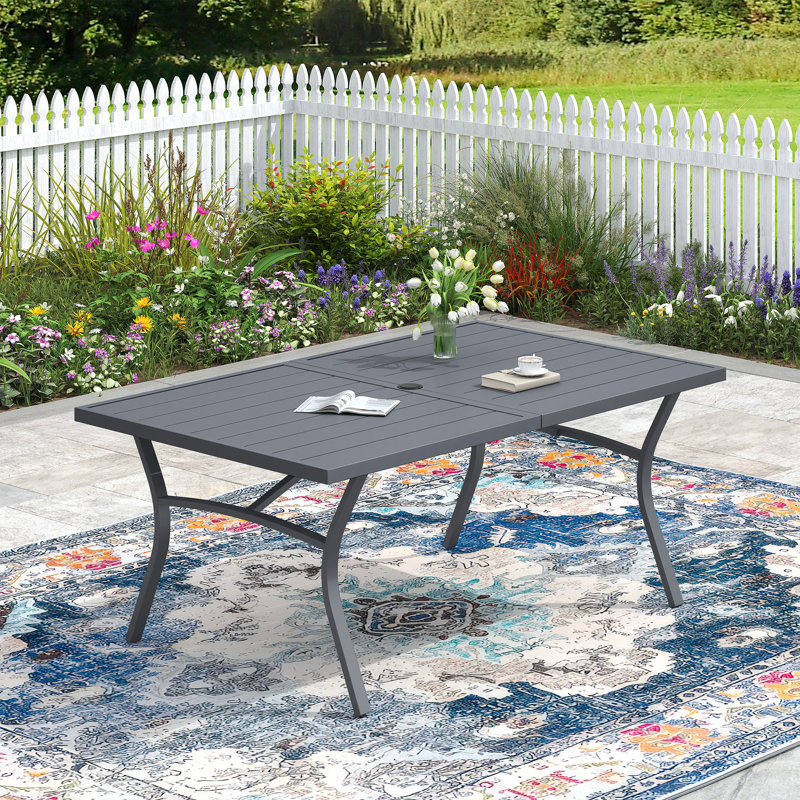 Outdoor Rectangular Patio Dining Table With Metal Frame, 28" H x 63" L x 37.8" W, Gray