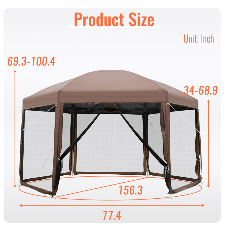 Brown 13x13ft Hexagonal Pop Up Gazebo with Mosquito Netting