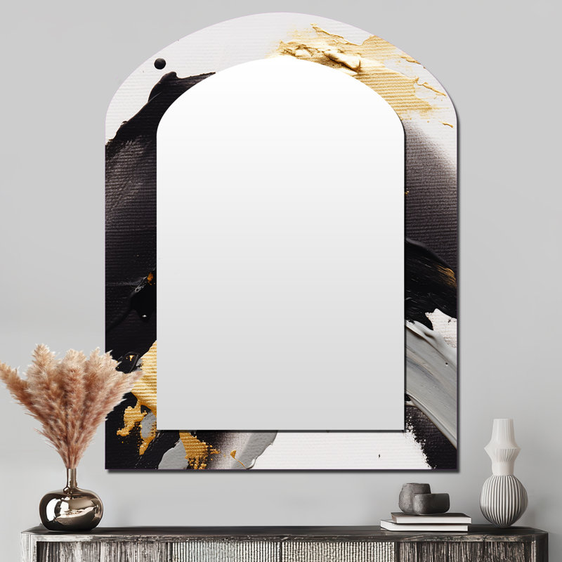 Exquis Darling or abstrait vague sur noir II - peinture abstraite miroir asymétrique, miroir mural unique arche d'or, impression sur métal