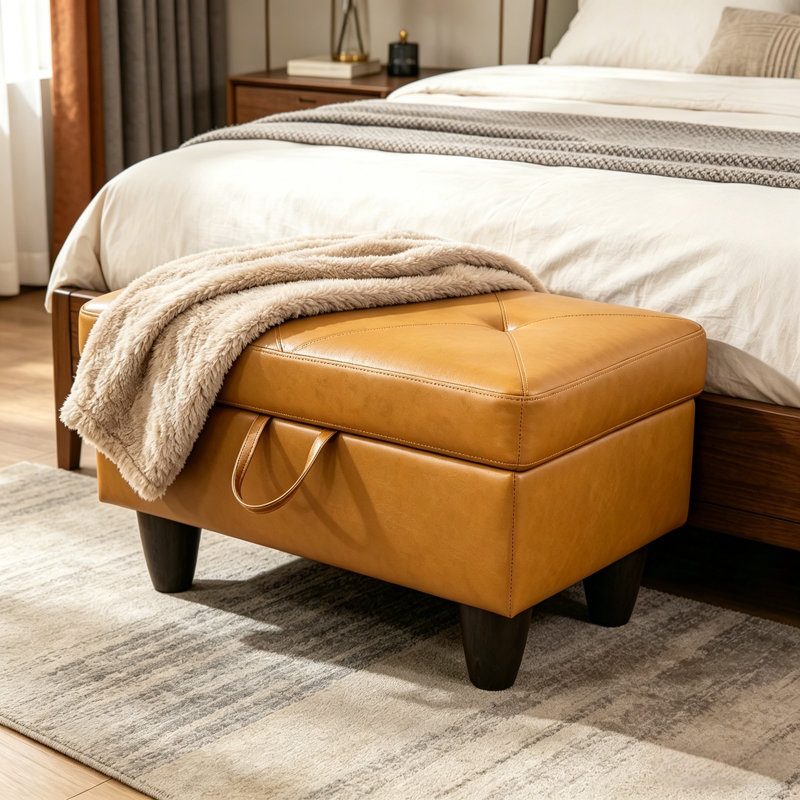 Rectangular Storage Ottoman, Faux Leather Footrest Bench with Hinged Hydraulic Soft Close Lid, 28.5"W x 19"D x 17.5"H Multi-Purpose Ottoman Coffee Table for Living Room Bedroom Entryway，Ginger