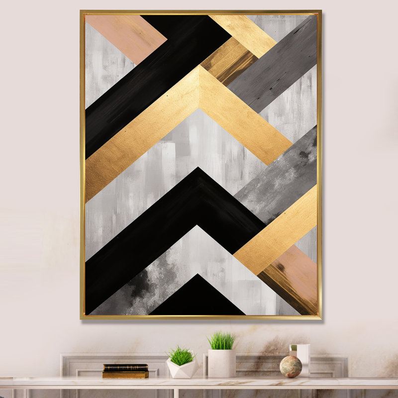 Carreaux géométriques noirs et dorés 4 - art mural géométrique, Cadre flottant doré, H 20 po x l 12 po x P 1 po