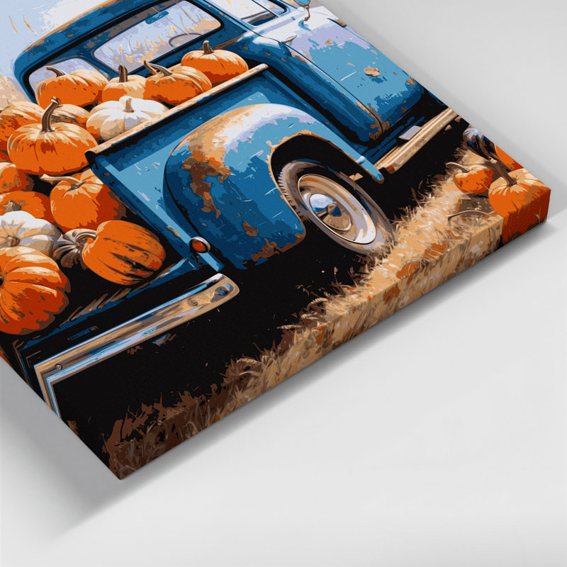 "Thanksgiving", camion rétro avec citrouilles, art mural beige, H 12 po x l 18 po