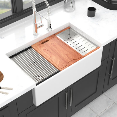 Évier de cuisine en céramique blanc de 33 po avec double cuve et rail de poste de travail, résistance élevée à l'usure, assez profond pour les gros ustensiles, comprend un guide d'installation pour la cuisine, offre plus d'espace de travail,