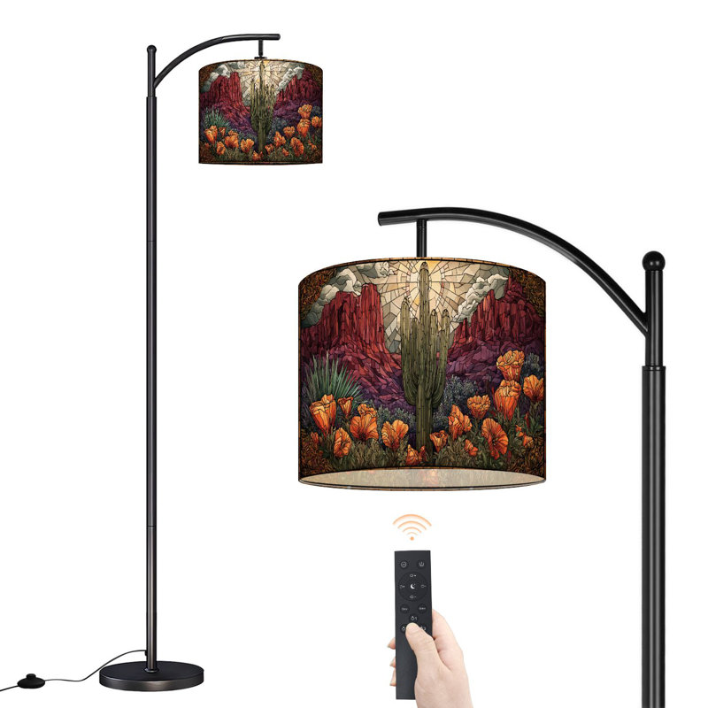 Arc Floor Lamp with Adjustable Lampshade Patterned Inspired Desert Scenes Standing Lamp 3 Color Temperatures Dimmable Tall Pole Lamp with Foot Switch for Bedroom